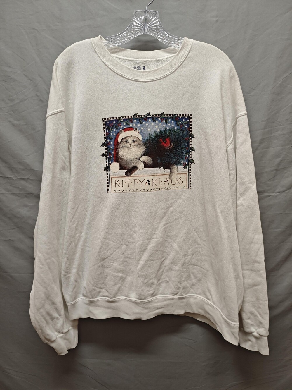 Kitty Klaus Christmas Cat Cardinal Sweatshirt Mens XL White Crewneck Graphic